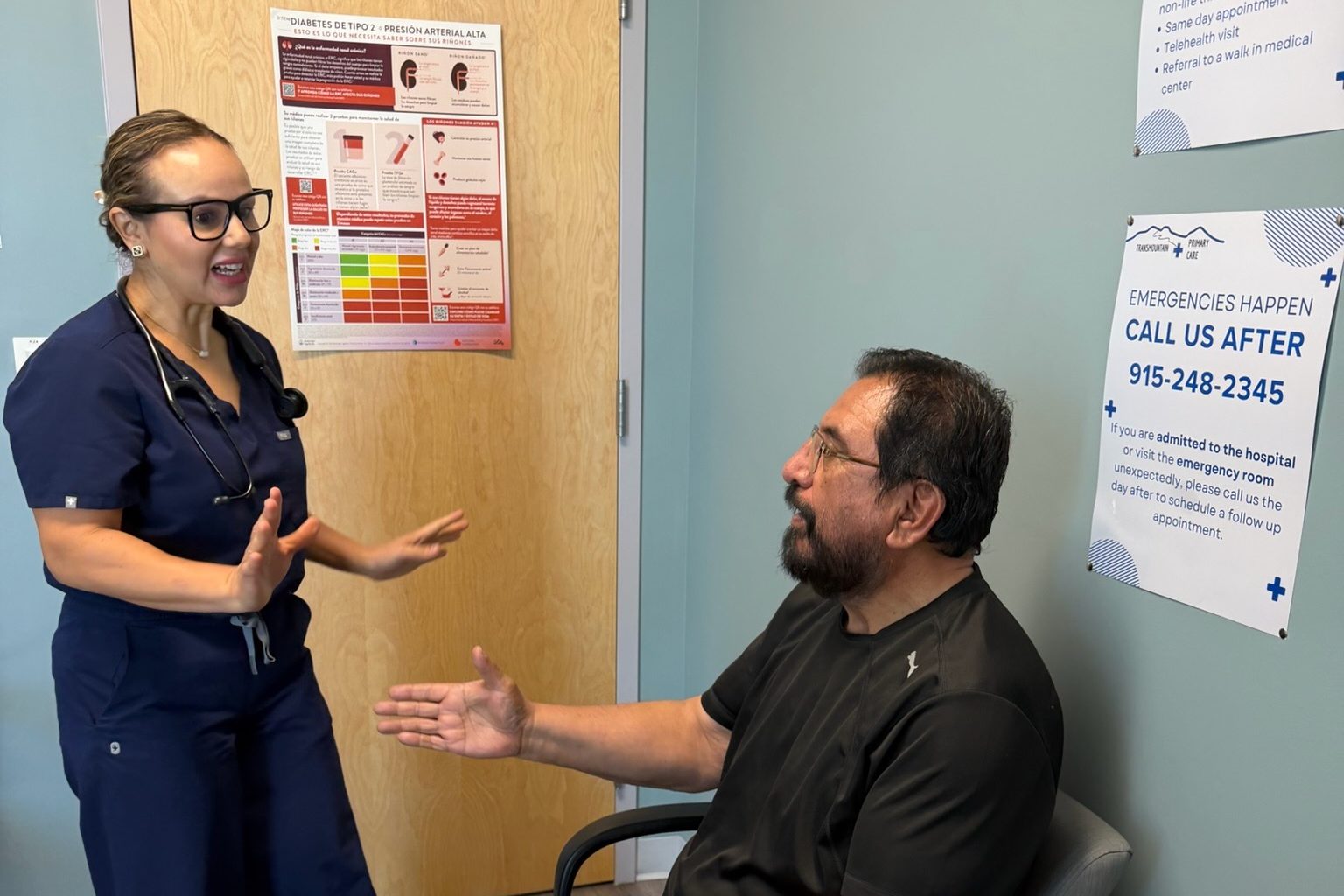 A Transmountain Primary Care provider talking with a patient in an exam room in El Paso